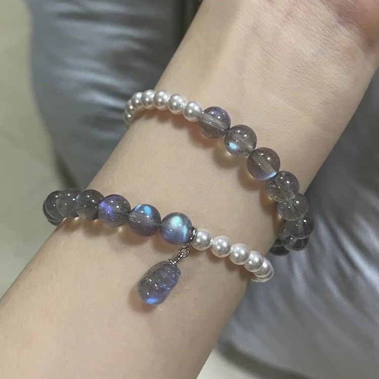 灰月光石串珠小貔貅手串简约复古新中式多圈叠戴珍珠手饰