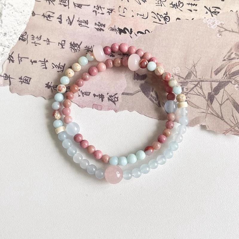 酒渍蔷薇粉色串珠手链双层拼接设计轻奢精致国风手链